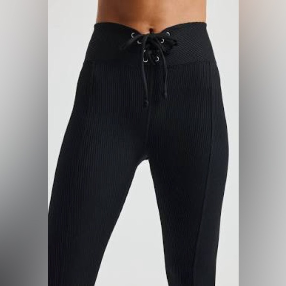 Year of Ours Black Ribbed High-Waist Lace-Up Leggings